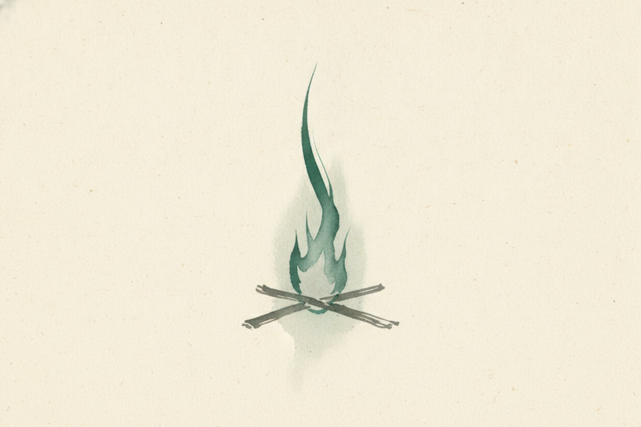 A jade ink flame rising from two crossed sticks of kindling, neither form complete without the other, dissolving into pale wash.