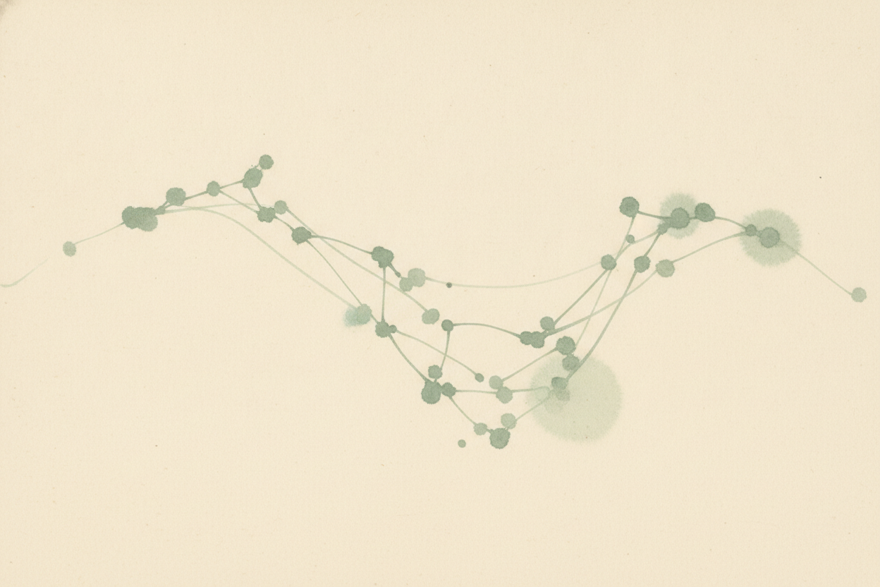 A delicate web of jade ink nodes joined by fine brush lines across ivory paper, one node dissolving into emptiness.