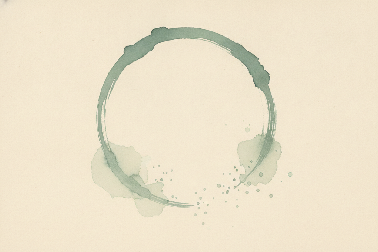 An open sumi-e enso ring in jade ink dissolving into pale washes, with faint dots drifting away.