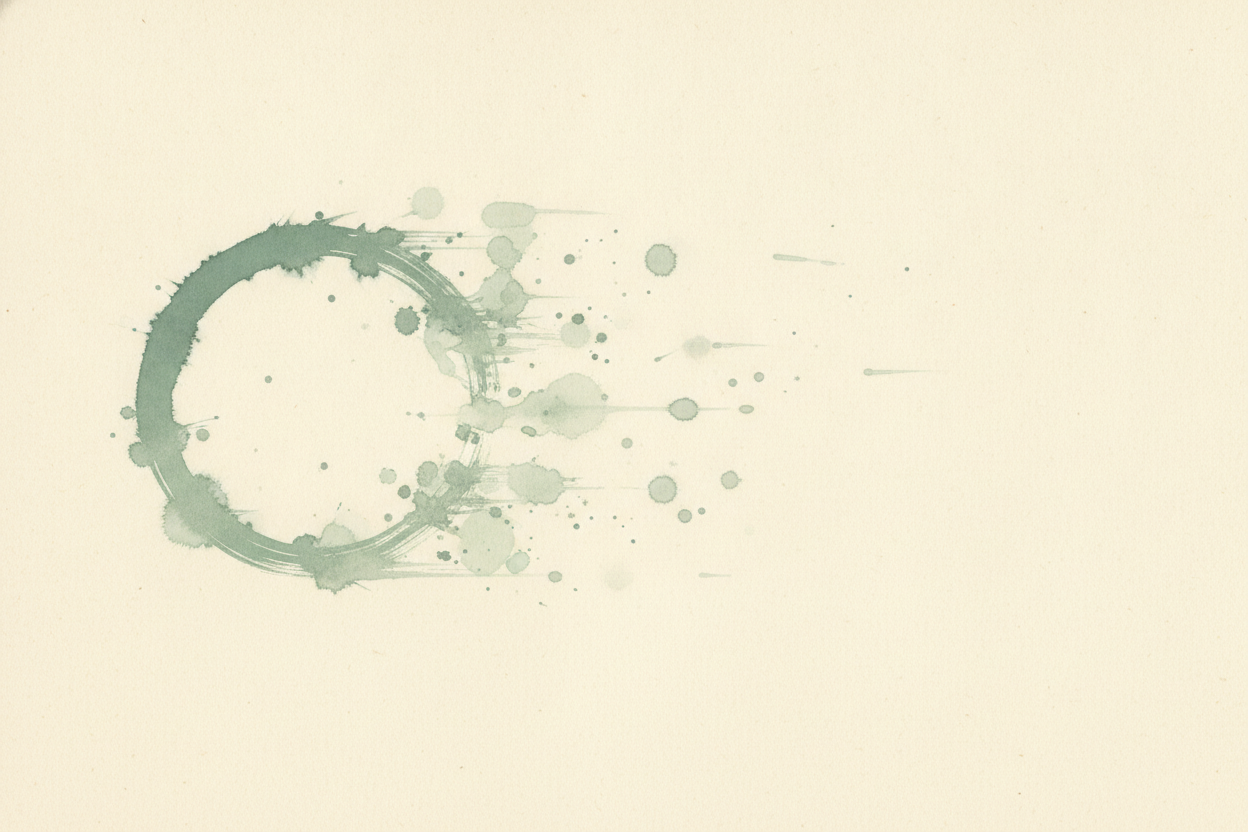 A single jade sumi-e brushstroke suggesting a wheel, its edge fraying into smaller strokes that drift into the surrounding field.